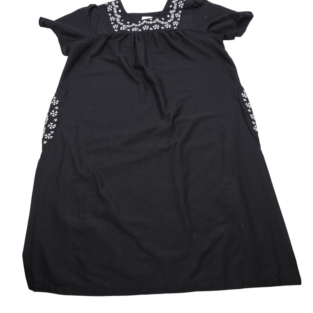 VNT Granada House Dress Women Large Black Embroidered Square Neck Pocket Lounger